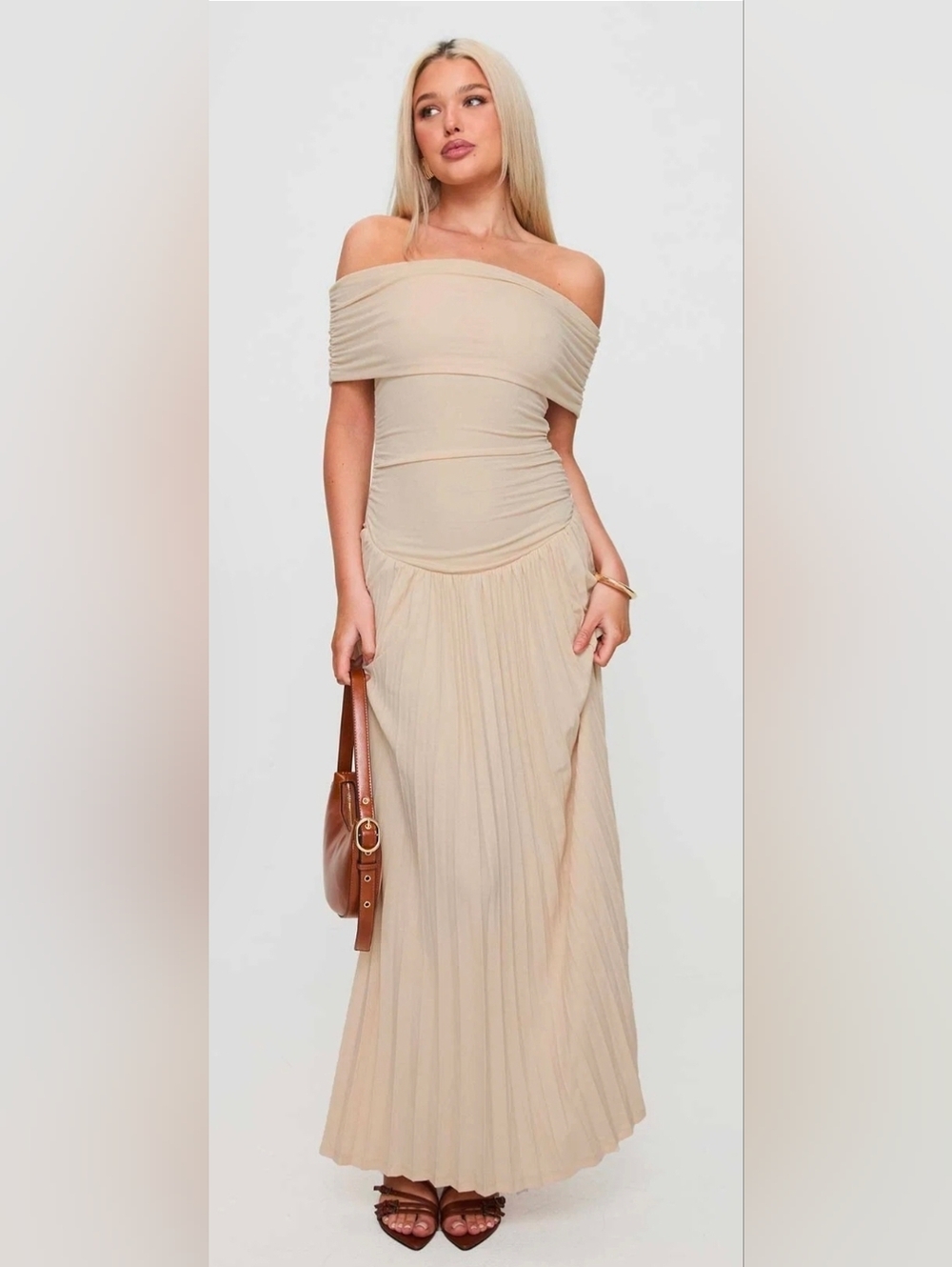 Lioness Off-Shoulder Pleated Maxi Dress in Beige